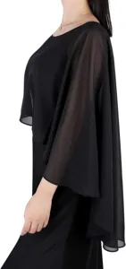 Sheer black chiffon cape top detail, elegant arm-covering summer overlay shawl for women wear.