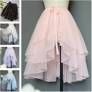 Three-layer mesh high-low midi skirt, dreamy lightweight tiered tutu dance skirt for women.