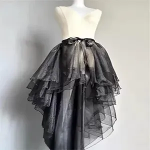 Women Ballet Mesh Wrap Skirt High-Low Irregular Hem Glassy Net Yarn Satin Ribbon Lace-Up Solid Color Elegant Flowy Skirt