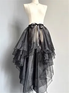 Elegant black sheer mesh high low skirt layered ballet tulle wrap skirt with waist tie