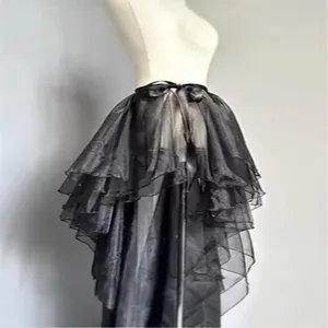 Black sheer mesh high low wrap skirt layered tutu ruffled gothic fashion style main view