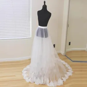 White detachable lace embroidery tulle wedding bridal overskirt double layer long train skirt