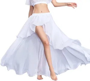 White chiffon belly dance practice skirt detail, irregular high slit hemline design.