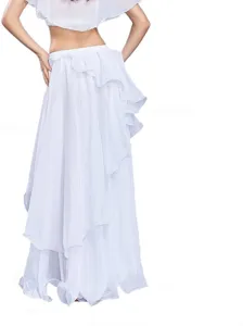 White belly dance skirt for women, long layered ruffle practice dancewear apparel.