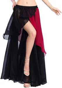 Belly dance practice skirt detail, black and red chiffon split design, elegant dancing apparel.