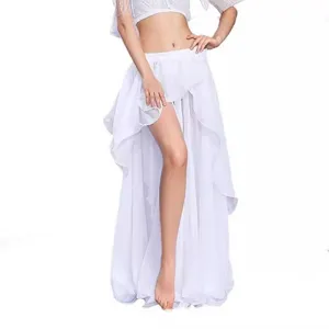 Women white belly dance skirt chiffon split long practice dress for performance and training