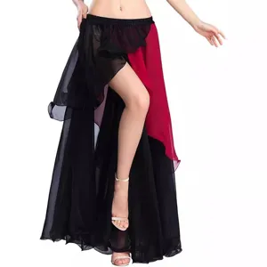 Women belly dance practice skirt chiffon high split black red layered dancewear for ladies
