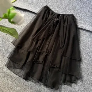 Women irregular mesh midi skirt high low layered black fairy skirt for dance and party