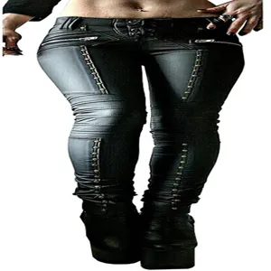 Black faux leather biker pants detail showing rivet patchwork, zippers, and skinny fit.