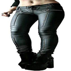 Detailed view of women faux leather skinny pants with moto studs zippers and pleats.