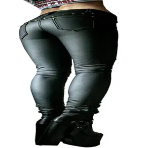 Women black faux leather pants tight biker trousers with rivets and stretch fit for stylish looks.