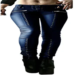 Women's slim fit faux leather motorcycle pants with rivet studs and zipper pockets detail