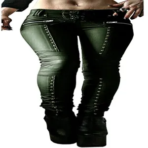 Women's Faux Leather Skinny Moto Pants with Zippers and Rivets Slim Fit Biker Trousers