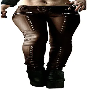 Women's brown faux leather skinny motorcycle pants with metal zippers and rivet details.