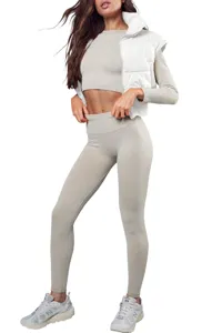 Women crop puffer vest ribbed top leggings autumn winter outfit workout activewear set