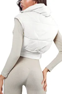 Women cropped white puffer vest winter stand collar casual warm outerwear detail view.