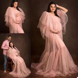 Abito da Fotografia Premaman Taglie Forti Elegante Tulle a Rete Balze Lungo Abito da Sposa per Donne in Gravidanza