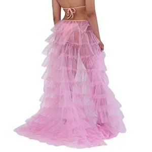 Mujer falda larga rosa de tul volantes malla tutu maxi falda playa ropa moda femenina