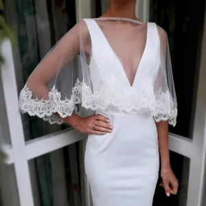 Bruids Kant Sjaal Bolero Voor Trouwjurk Sheer Mesh Bloemen Borduurwerk Sjaal Cover Up Fotografie Props Vrouwen Elegante Bolero