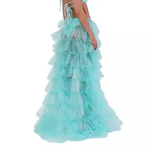 Femme jupe longue en tulle volantée élégante bleu clair jupon bouffant plissé mode style