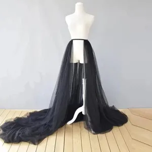 Detachable black tulle overskirt long train mesh skirt for bridal wedding stage costume display.