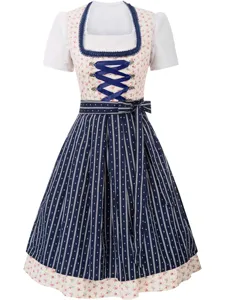 Detailed view of the vintage floral bodice with blue lacing, square collar, and striped skirt.