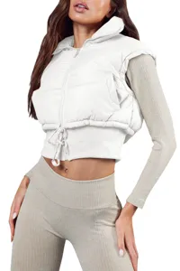 White cropped puffer vest for women, stand collar zip up winter sleeveless outerwear jacket.