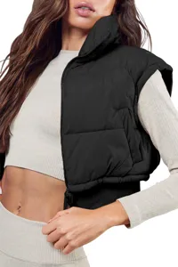 Women black cropped puffer vest stand collar zip winter sleeveless outerwear chic top
