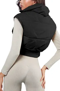 Women casual cropped puffer vest winter sleeveless stand collar zip up jacket outerwear.