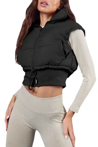 Cropped black puffer vest detail, sleeveless winter outerwear, stand collar and drawstring.