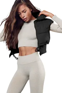 Women winter cropped puffer vest solid color stand collar zipper sleeveless outerwear