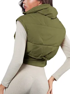 Green cropped puffer vest back detail showing stand collar and sleeveless design, ideal for autumn styling.