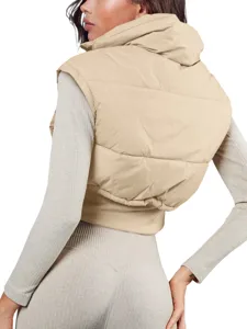 Women's cropped puffer vest stand collar winter sleeveless zip up outerwear khaki casual