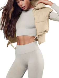 Khaki cropped puffer vest set with ribbed crop top and high waist leggings for women.