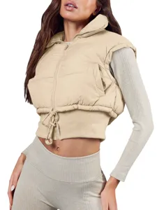 Women cropped puffer vest stand collar drawstring zip winter sleeveless outerwear top