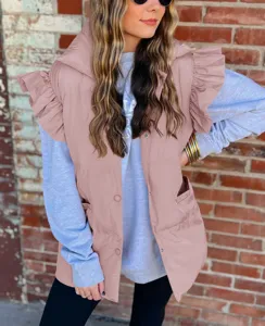 Women casual solid color stand collar ruffle sleeve single-breasted padded vest winter outerwear