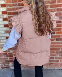 Women winter casual pink stand collar sleeveless quilted vest with ruffle sleeves detail