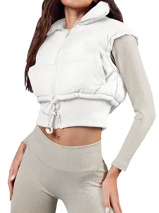 Women's Western Style Crop Puffer Vest Stand Collar Zipper Drawstring Hem Slim Fit Padded Waistcoat Sleeveless Winter Jacket Top