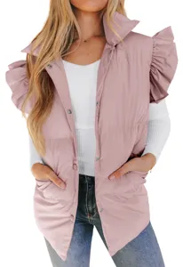 Pink sleeveless puffer vest with stylish flutter sleeves, stand collar and handy pockets.