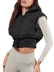 Women's Cropped Puffer Vest Stand Collar Zip Drawstring Casual Winter Warm Outerwear