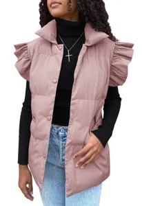 Detail shot of women casual quilted vest, pink sleeveless puffer jacket with cute ruffle shoulders.