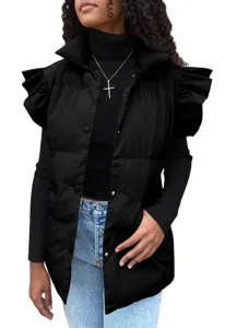 Detail view of stylish black puffer vest with ruffled shoulders, stand collar and single-breasted design.