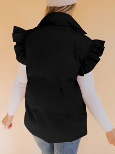 Women winter black padded vest with cute ruffle shoulders, stand collar casual outerwear.
