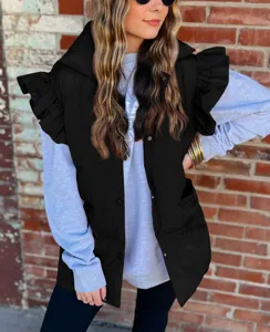 Women winter black puffer vest casual sleeveless stand collar ruffled outerwear stylish