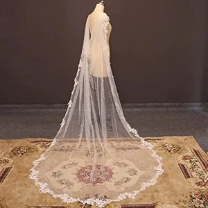 Eleganter langer Brautumhang mit Perlen und Spitzenstickerei, transparenter Hochzeitsschleier.