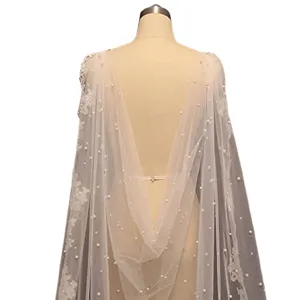 Bridal wedding dress cape long mesh pearl lace shawl European American style elegant bridal accessory.
