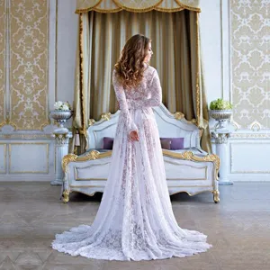Damen Sexy V-Ausschnitt Langarm Spitze Durchsichtig Schleppe Maxi Umstandskleid Einfarbig Fotografie Prop Kleid