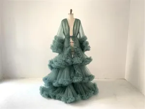 Elegant sage green tiered tulle maternity dress for photography, long ruffle party gown.