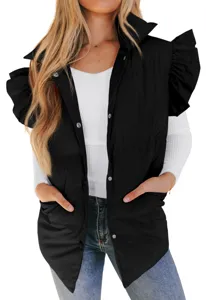 Black puffer vest detail showcasing chic ruffled sleeves, stand collar and practical front pockets.