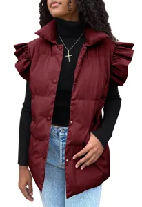 Women winter sleeveless puffer vest ruffled shoulder stand collar casual outerwear detail view
